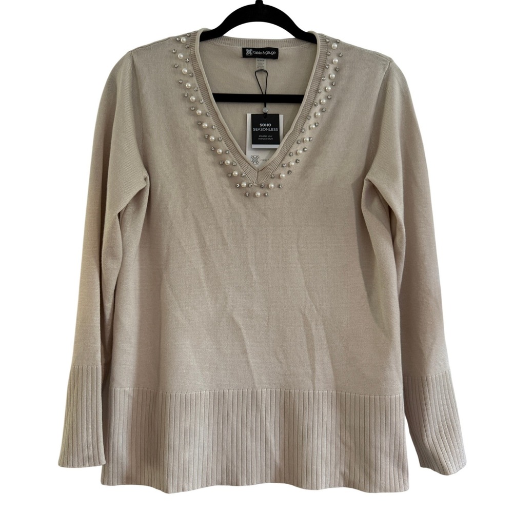 Cable & Gauge Soho Seasonless V-neck Pearl Rhinestone Sweater Pumicestone M NEW